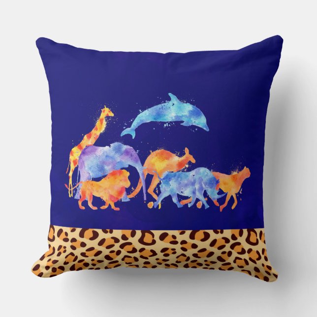 Wild Animals with a Leopard Print Border Throw Pillow (Front)