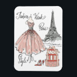 Wild Apple | Paris Fashion Week Style Magnet<br><div class="desc">This elegant design offers a fun nod to Paris Fashion Week. An haute couture gown straight from the runway is the star of the show in this vintage style print. A bundle of beautifully wrapped gifts and cute pink stilettos add some girly fun. A stunning silhouette of the iconic Eiffel...</div>