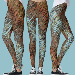 Wild Aqua Blue Brown and Orange Tribal Abstract Leggings