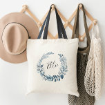 Wild Azure Personalized Tote Bag<br><div class="desc">Our custom personalized tote features a blue and white watercolor botanical wreath with your name or monogram inscribed inside in hand lettered script.</div>