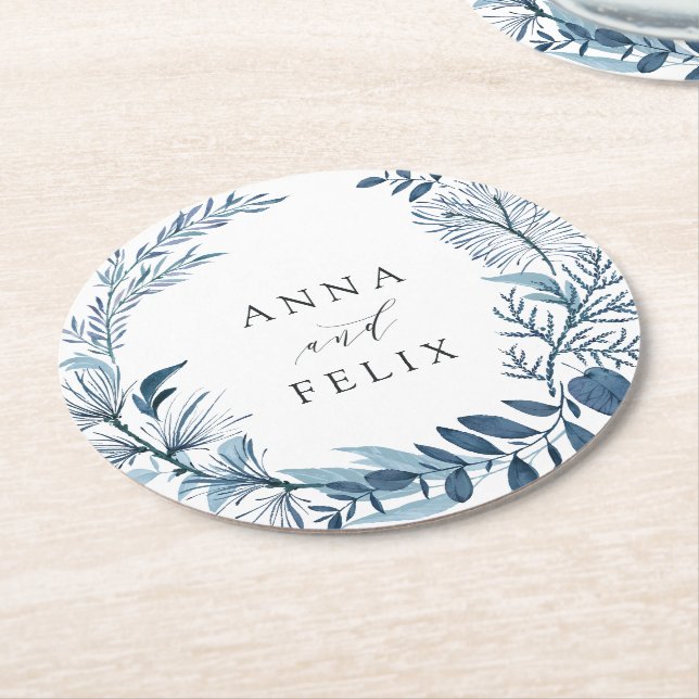Wild Azure Personalized Wedding Round Paper Coaster (Angled)