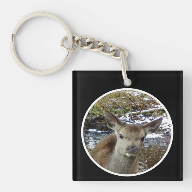 Wild Baby Deer Fawn Winter Habitat Nature Art Keychain (Front)