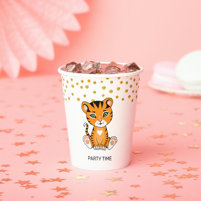 Wild Baby Tiger Cartoon & Gold Confetti Party Paper Cups (Insitu)