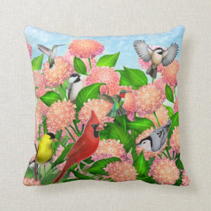 Wild Backyard Birds on Hydrangea Flowers Pillow