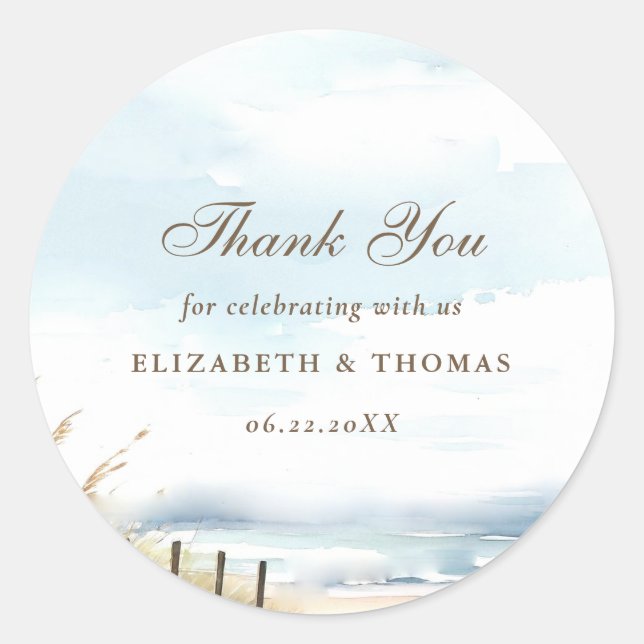 Wild Beach Fence Ocean Grass Art Wedding Favour Classic Round Sticker (Front)