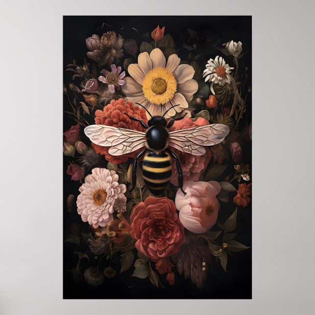 Wild bee in dark flower, moody bumlebee print (Front)