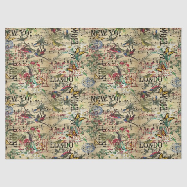 Wild Bird Song Vintage Ephemera Tissue Paper (Front)