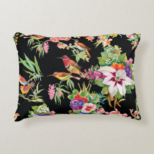 Wild Birds Flowers: Black Vintage Accent Pillow