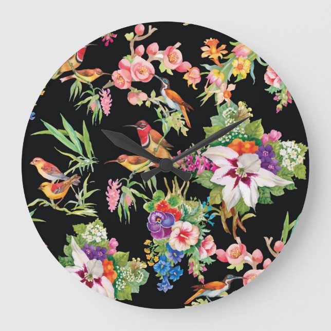 Wild Birds Flowers: Black Vintage Large Clock (Front)