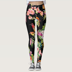 Wild Birds Flowers: Black Vintage Leggings