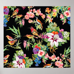 Wild Birds Flowers: Black Vintage Poster
