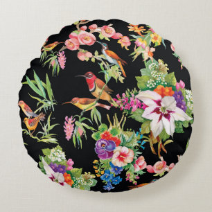 Wild Birds Flowers: Black Vintage Round Pillow
