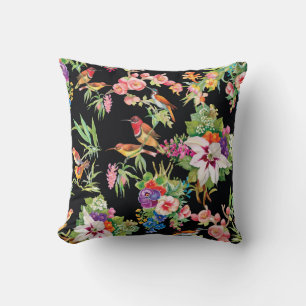 Wild Birds Flowers: Black Vintage Throw Pillow