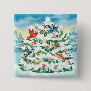 Wild Birds in Nature with Starlit Christmas Tree 2 Inch Square Button