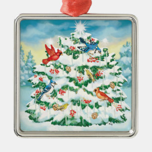 Wild Birds in Nature with Starlit Christmas Tree Metal Ornament