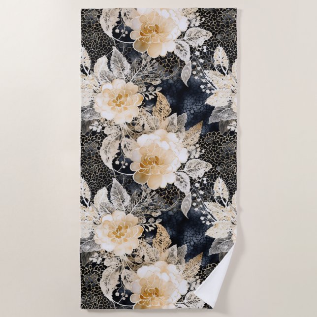 Wild Black Cream Leopard Animal Floral Beach Towel (Front)