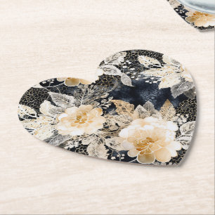 Wild Black Cream Leopard Animal Floral Paper Coaster
