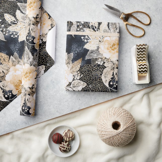Wild Black Cream Leopard Animal Floral Wrapping Paper (Crafts)