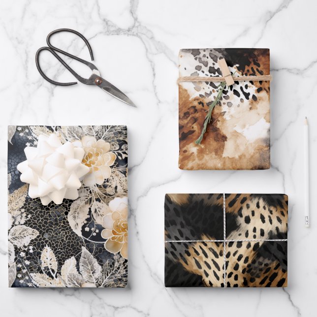 Wild Black Cream Leopard Animal Floral Wrapping Paper Sheet (Front)
