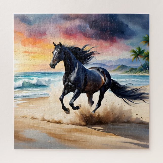 Wild black stallion galloping jigsaw puzzle (Vertical)