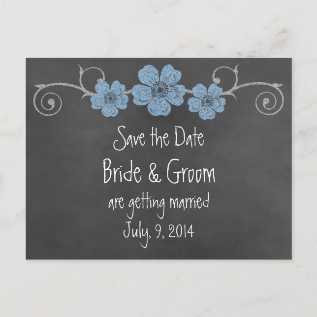 Wild Blue Roses Chalkboard Save the Date Postcard (Front)