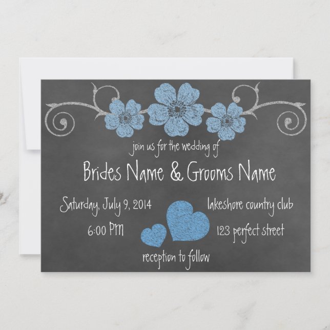 Wild Blue Roses Chalkboard Wedding Invitation (Front)
