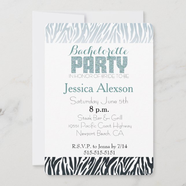Wild Blue Zebra Print Ombre Bachelorette Invitation (Front)