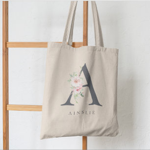 Wild Blush Botanical Floral Letter A Monogram Tote Bag