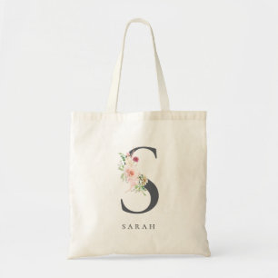 Wild Blush Botanical Floral Letter S Monogram Tote Bag