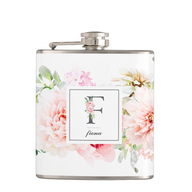 Wild Blush Botanical Letter F Monogram Hip Flask (Front)