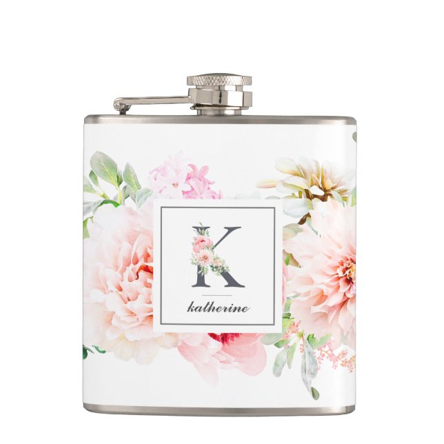 Wild Blush Botanical Letter K Monogram Hip Flask (Front)