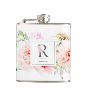 Wild Blush Botanical Letter R Monogram Hip Flask
