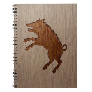 Wild boar engraved on wood design notebook