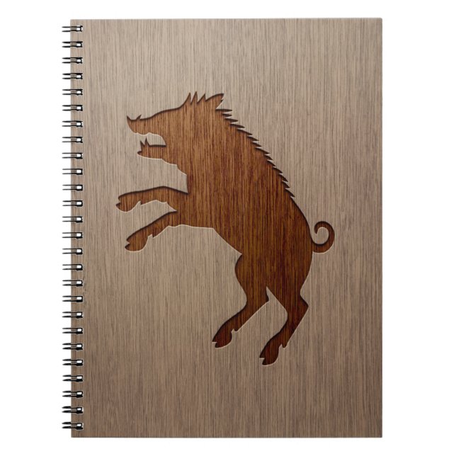 Wild boar engraved on wood design notebook (Front)