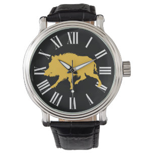Wild Boar in Black Silhouette Hunting Man's Watch