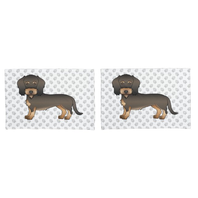 Wild Boar Wire Haired Dachshund Cartoon Dog & Paws Pillowcase (Front-Set)
