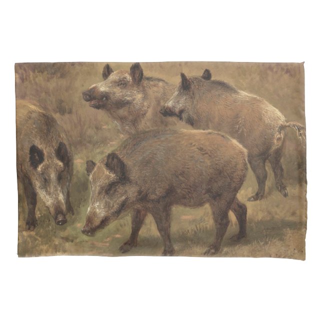 Wild Boars in a Grassy Landscape (by Rosa Bonheur) Pillowcase (Front-Left)
