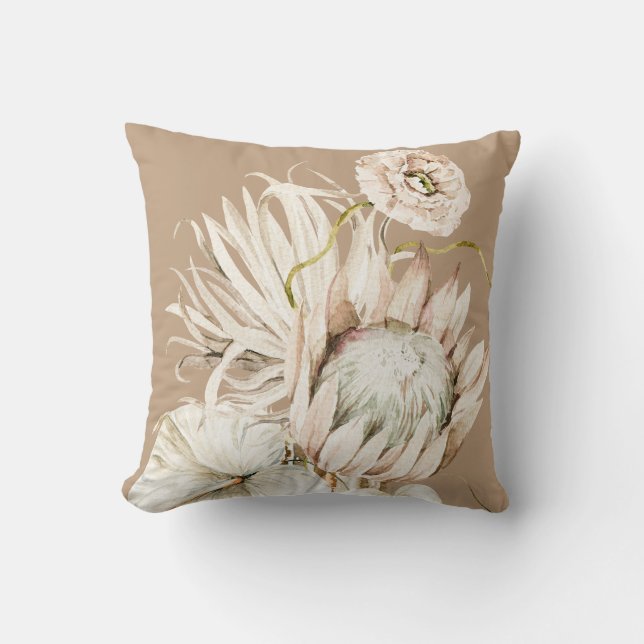 Wild Boho Protea Pampas Grass Floral Beige Throw Pillow (Front)