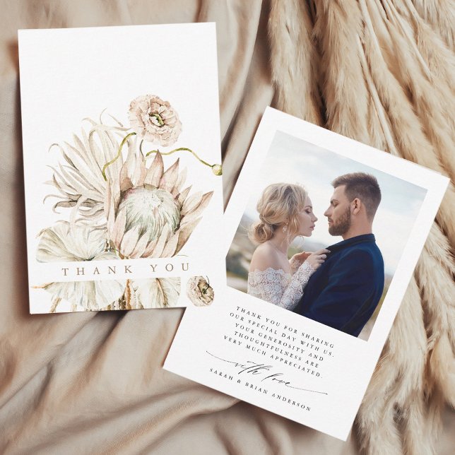 Wild Boho Protea Pampas Grass Floral Wedding Photo Thank You Card (Front & Back)