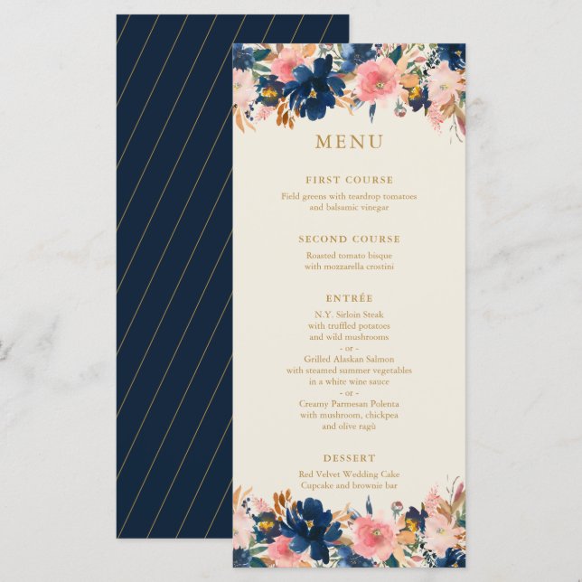 Wild Bouquet Navy & Blush | Wedding Menu (Front/Back)