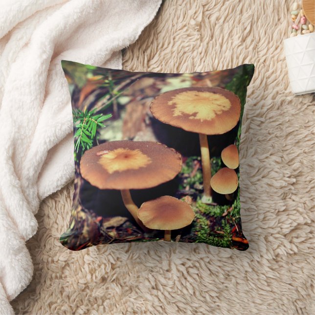 Wild Brown Mushroom Cluster   Throw Pillow (Blanket)