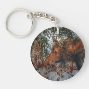 Wild Canadian Moose Grazing in Winter Forest III Keychain
