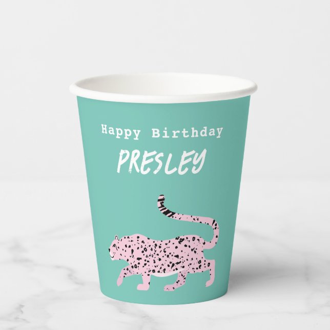 Wild Cat Birthday Party Pink and Teal Paper Cups (Front)