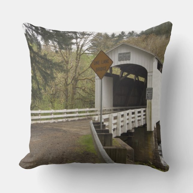 Wild Cat covered bridge, Lane County, Oregon Throw Pillow (Front)