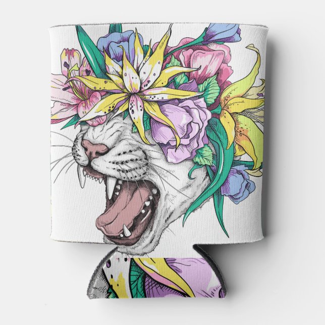 Wild cat, floral wreath, cartoon. can cooler (Front)