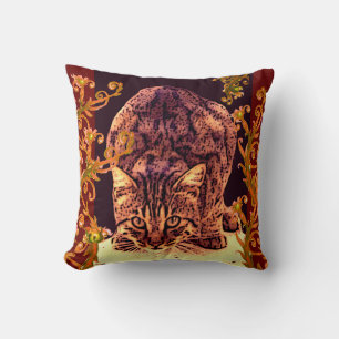 WILD CAT KITTEN Yellow Floral Swirls Throw Pillow