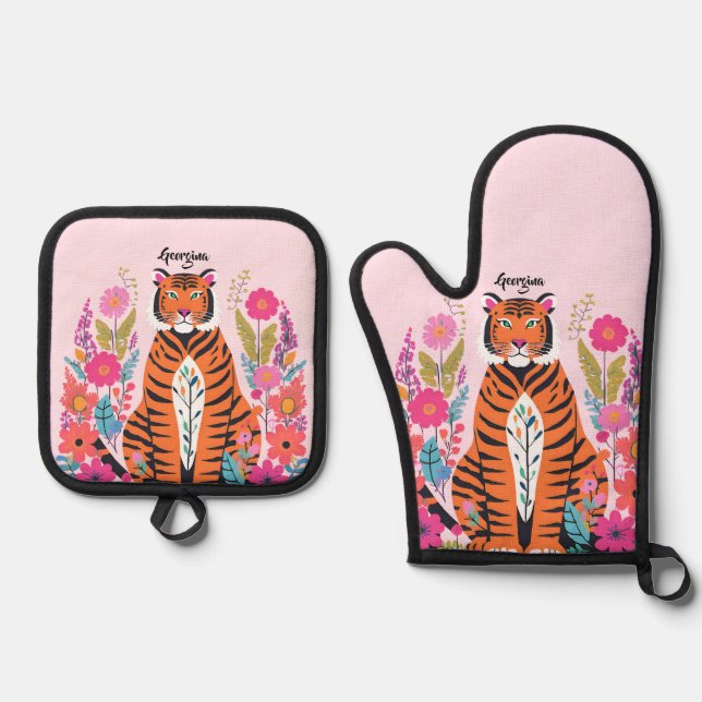 Wild Cat Tiger Pink Personalized Oven Mitt & Pot Holder Set (Front)