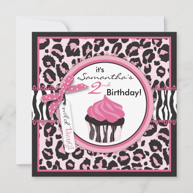 Wild Cheetah Print & Cupcake Birthday Invitation (Front)