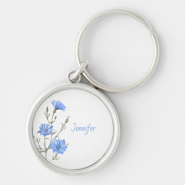 Wild Chicory Flower Botanical Custom Name Keychain (Front)