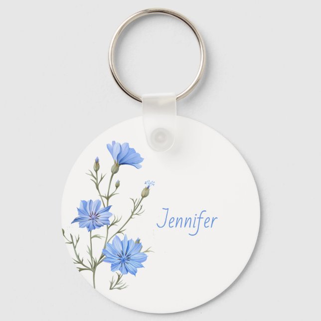 Wild Chicory Flower Botanical Custom Name Keychain (Front)